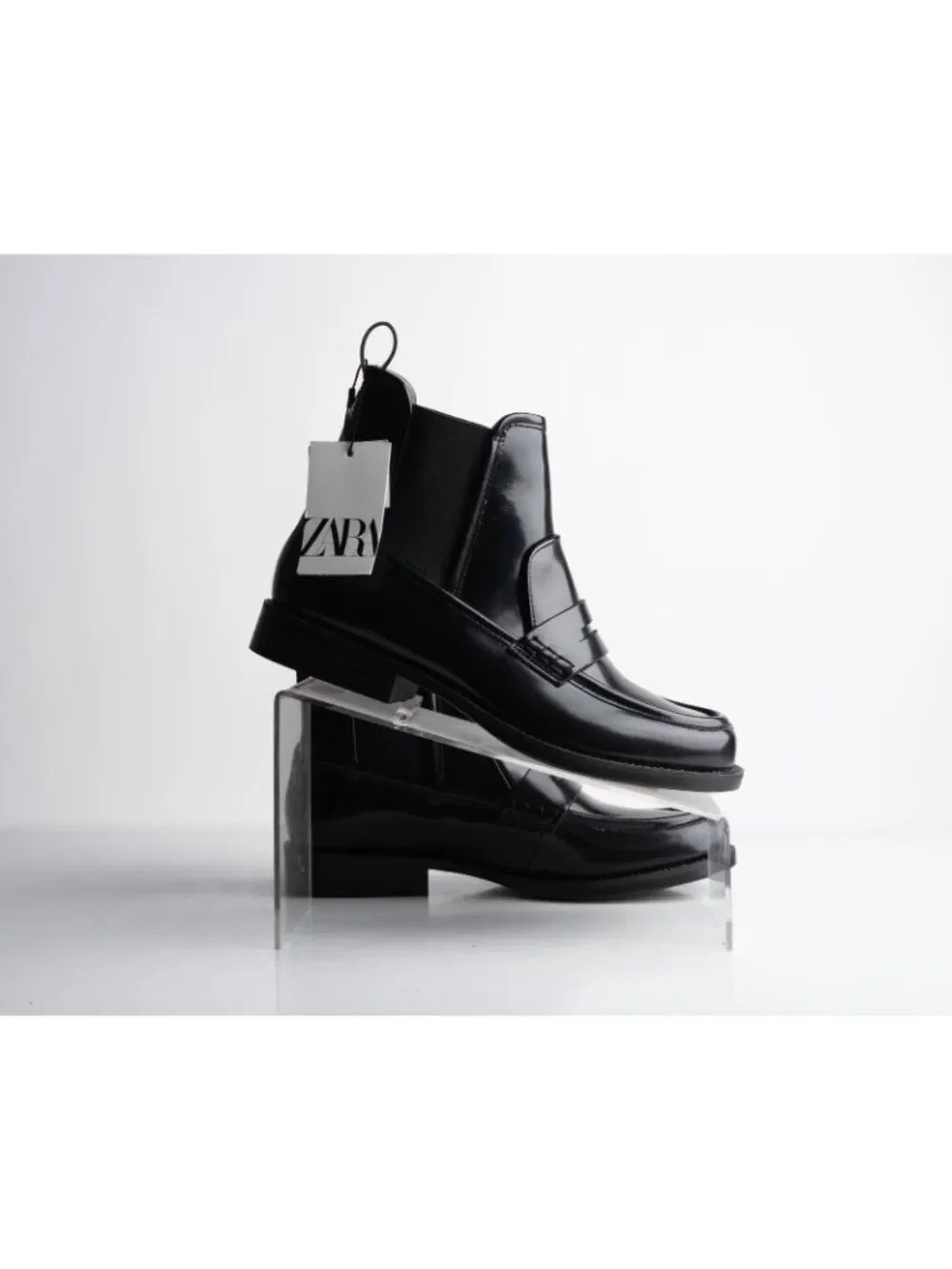 Zara Womens Leather Ankle Loafer Boots Black Glossy US 7.5 EU 38 NWT 1117/110